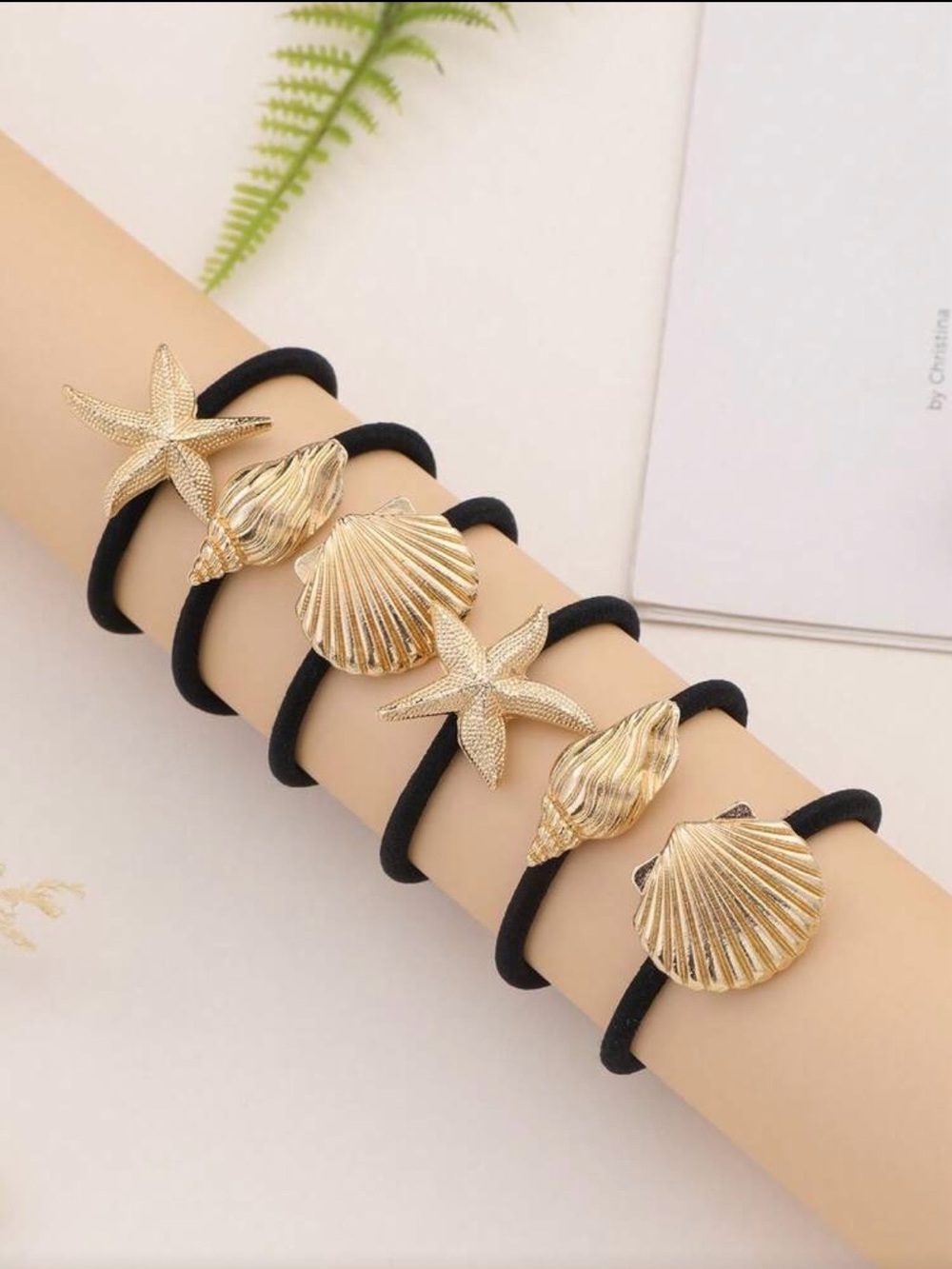 Gold Shell & Starfish Hair Ties - Pack of 6 - Picture 3 of 4
